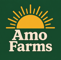 Logo of Amo Farms featuring a yellow sun with rays and the text 'Amo Farms' in a bold serif font on a green background.